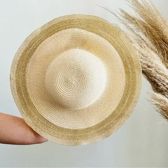 VINTAGE NORDSTROM Cream Tan Straw Wide Brim Floppy Gold Metallic Ribbon Sun Hat - Picture 4 of 10